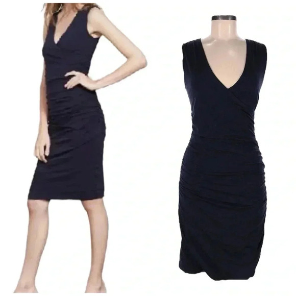 BODEN Dark Blue Sleeveless Midi Dress sz 10 Bodycon V-neck Ruched Side Stretch - Picture 1 of 7